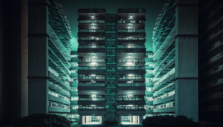 3d render of modern building in the city at night with neon lightsの素材