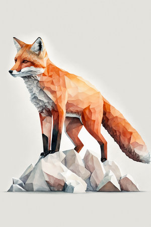 Red fox standing on the stone. Abstract polygonal illustration.の素材