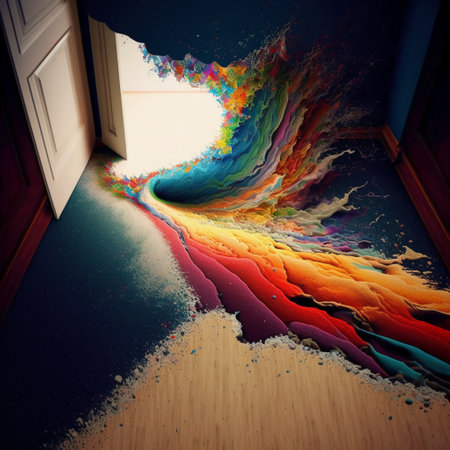 Open door with colorful abstract paint splashes, 3d render illustrationの素材