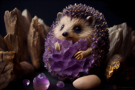 Hedgehog with a purple crystal on a dark background. Fantasyの素材