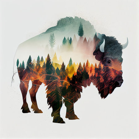 Silhouette of a bison in the forest. Vector illustration.の素材