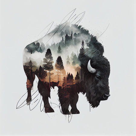 Bison in the forest. Hand drawn watercolor illustration. Vector.の素材