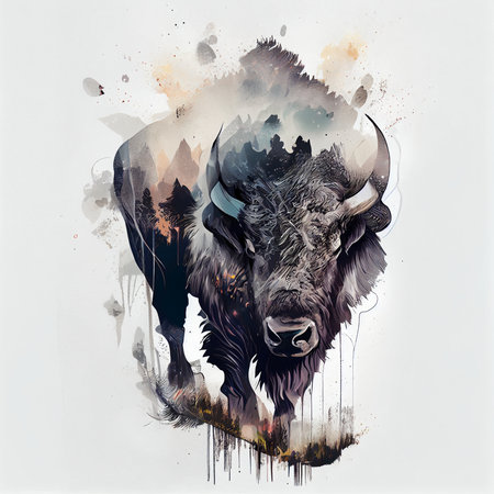 Buffalo in the wild nature. Watercolor and ink illustration.の素材