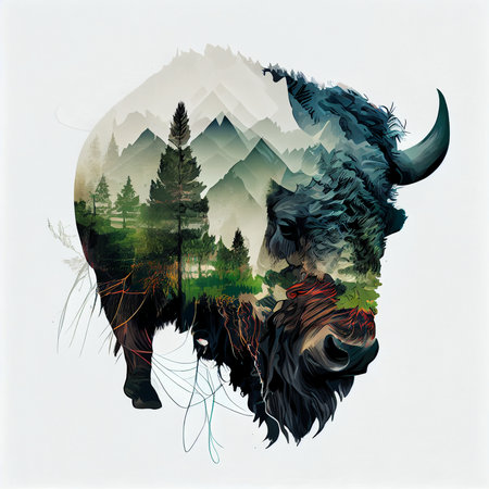 Bison with forest and mountains on white background. Vector illustration.の素材