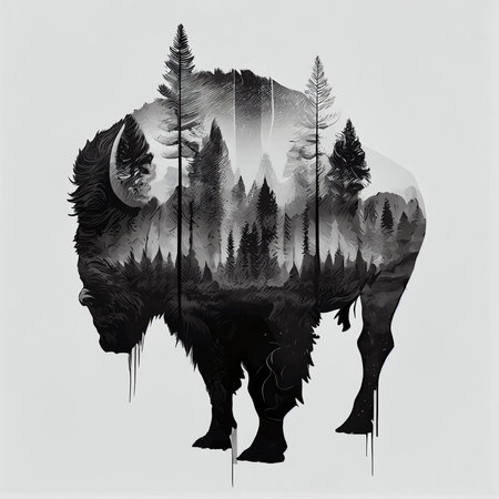 Silhouette of a buffalo in the forest. Vector illustration.の素材