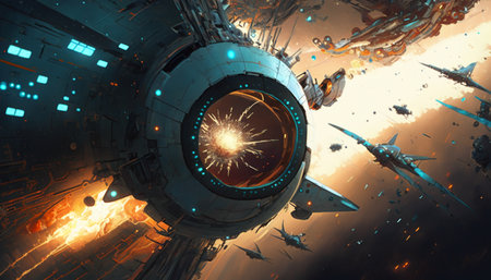 3D rendering of space ship in futuristic space. Futuristic backgroundの素材