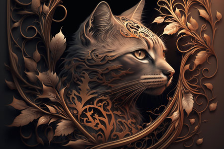 Fantasy illustration of a cat with floral ornament on a black background.の素材