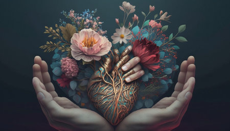 Hands holding a heart with flowers on dark background. 3d renderingの素材