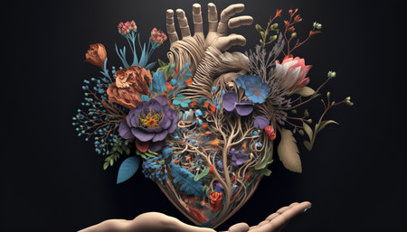 3D illustration of a human heart with flowers and leaves on a dark backgroundの素材