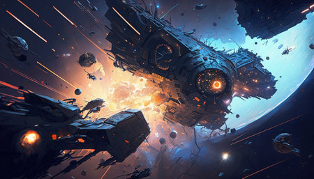 3D rendering of space ship in abstract space with planets and starsの素材