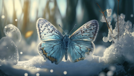 Beautiful blue butterfly in the snow. 3d rendering, 3d illustration.の素材