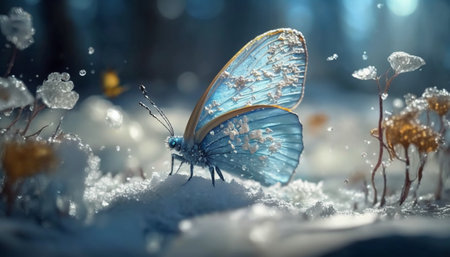 3D render of a blue butterfly in the snow. 3D illustration.の素材