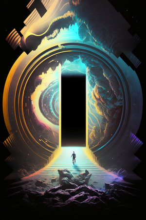 Futuristic portal to the future with a silhouette of a manの素材