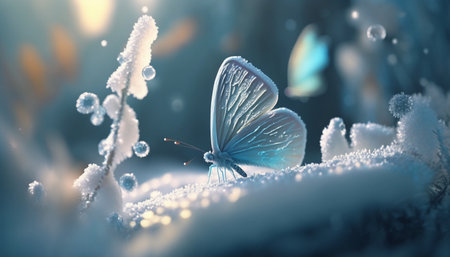 Butterfly in the snow. 3d render. Beautiful nature scene.の素材