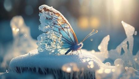 Butterfly on snow with bokeh effect. 3d renderの素材