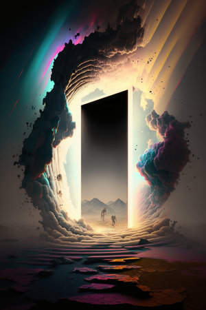Surreal scene with open door in surreal space. 3D renderingの素材