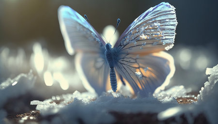 Butterfly in the snow. 3d rendering. Computer digital drawing.の素材