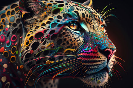 Leopard portrait. Colorful bokeh background. 3D illustration.の素材