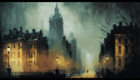 Digital painting of a street in Prague, Czech Republic with foggy buildingsの素材