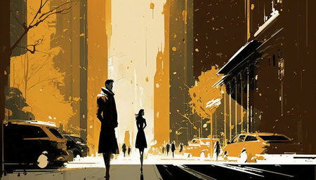 Couple walking on the street in New York City. Vector illustration.の素材
