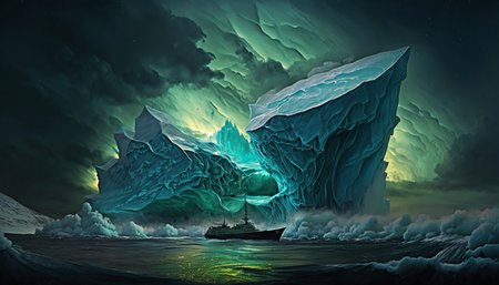 Fantasy landscape with icebergs and ship. 3D illustration.の素材