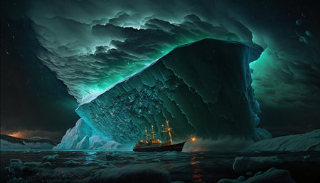 Fantasy landscape with icebergs, ship and aurora borealisの素材