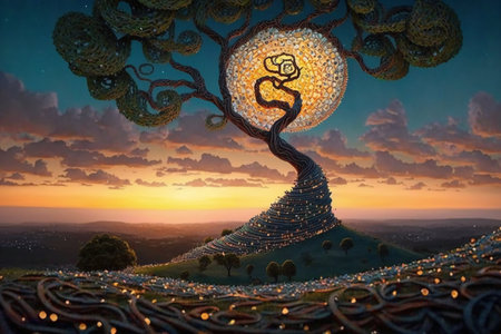3D Illustration of a Tree of Life in a Fantasy Landscapeの素材