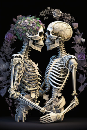 Two skeletons with a bouquet of flowers on a black background.の素材