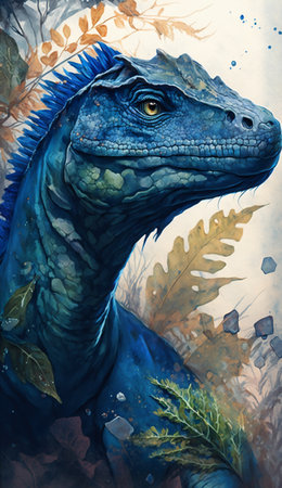 Digital painting of a dinosaur in a fantasy environment. Colorful graphics.の素材