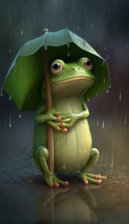 Frog with umbrella on rainy day. 3d render illustration.の素材