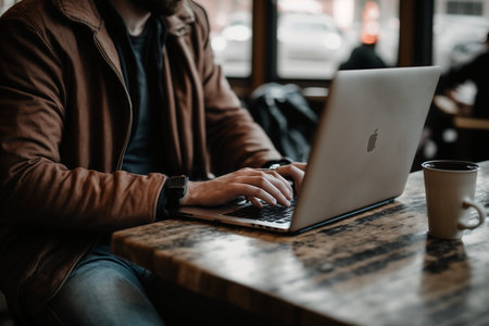 Man working on a laptop in a coffee shop. Close-up.の素材