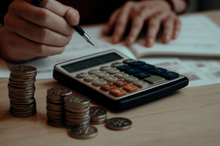 Hands of accountant or banker use calculator to calculate the amount of money.の素材