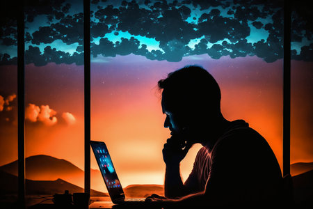 Silhouette of a man working on a laptop in the eveningの素材