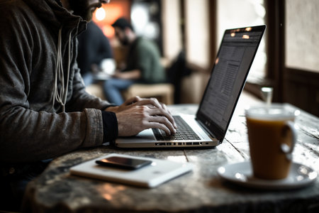 Hacker stealing information from a laptop at a coffee shop. Cybercrime concept.の素材