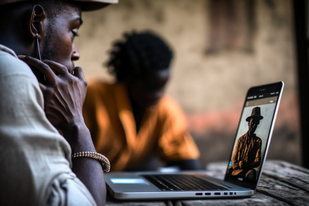 Young African man using a laptop while sitting at a table in a cafeの素材