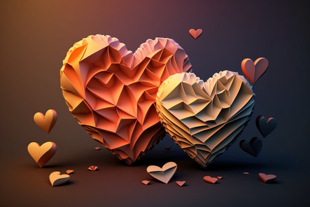 3d illustration of valentine's day background with origami heartsの素材