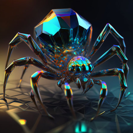 3d rendering of a spider with a blue crystal in the backgroundの素材