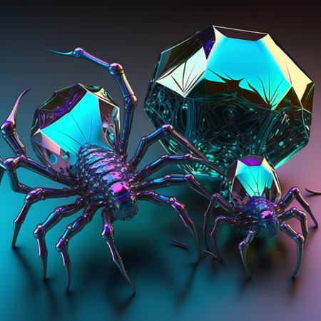 3d rendering of a crystal and a spider on a dark backgroundの素材
