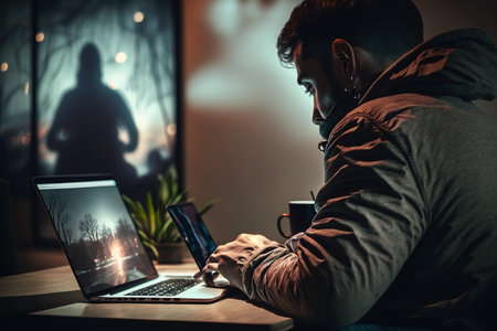 Young man using a laptop and drinking coffee at night in a cafeの素材
