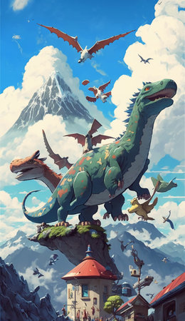 Digital painting of a dragon on the top of a mountain with birds flying aroundの素材