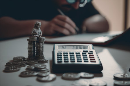 Businessman working with calculator and money coin stack for finance and banking concept.の素材