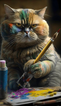 A closeup shot of an artist's cat with a paintbrushの素材