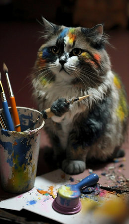 Cute multicolored cat with a brush and paints on the tableの素材