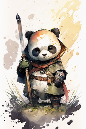 Watercolor illustration of a panda warrior in armor with a swordの素材