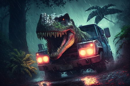 Tyrannosaurus rex in the rain. Fantasy illustration.の素材