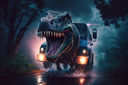 Dinosaur in the rain with a car on the road. 3d renderingの素材