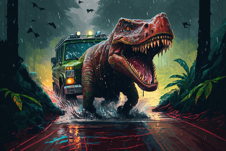 Dinosaur in the rain on the road. Digital painting. Vector illustration.の素材