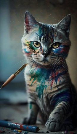 Close-up portrait of a cat with a paintbrush. Art conceptの素材