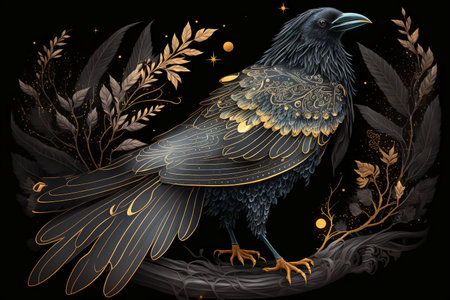 Illustration of a raven on a black background with gold leaves.の素材