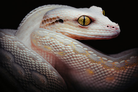 Portrait of a white snake with yellow eyes on a black backgroundの素材